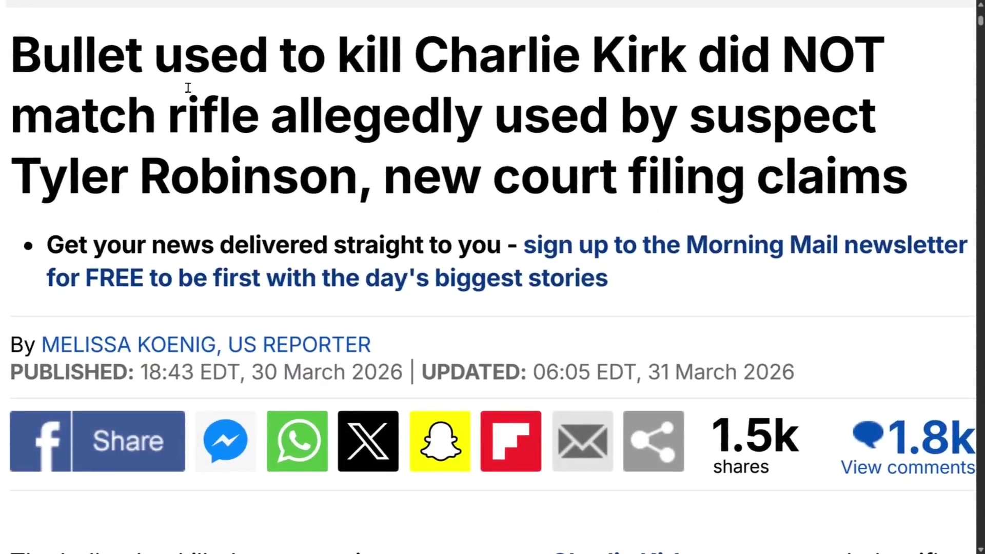 Bullet used to kill Charlie Kirk didn’t match the rifle allegedly used by the suspect Tyler Robinson